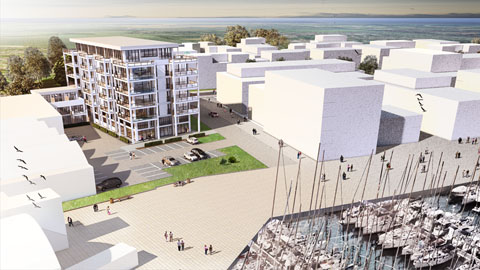 3D Architektur Illustration Lübeck Travemünde, Fischereihafen, Am Baggersand --- Visualisierung von Süden Ralph Schenkenberger Modelldigital für Medico Bau GmbH Lübeck 