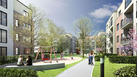 3D Architektur Visualisierung Wohnungsbau Caspari-Höfe in Braunschweig - Architektur-Illustration für die Baugenossenschaft ›Wiederaufbau‹ eG Braunschweig, Schaub & Partner Architekten Hamburg