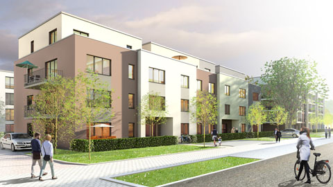 3D Architektur-Visualisierung Wohnungsbau Caspari-Höfe in Braunschweig - Architektur Illustration für den Baugenossenschaft ›Wiederaufbau‹ eG Braunschweig, Schaub & Partner Architekten Hamburg