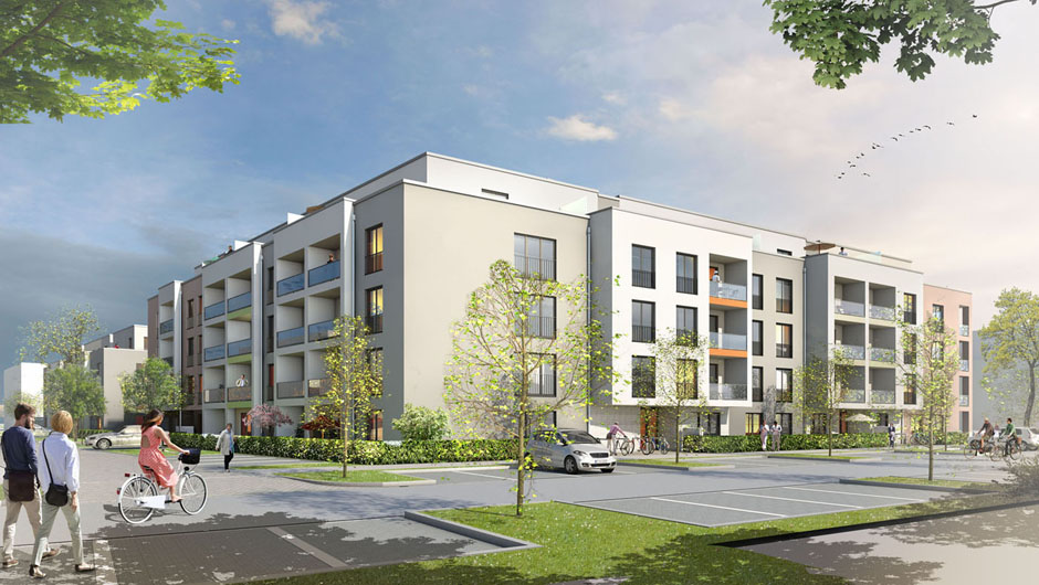 3D Architektur Visualisierung Wohnungsbau Caspari-Höfe in Braunschweig - Architektur Illustration für den Baugenossenschaft ›Wiederaufbau‹ eG Braunschweig, Schaub & Partner Architekten Hamburg