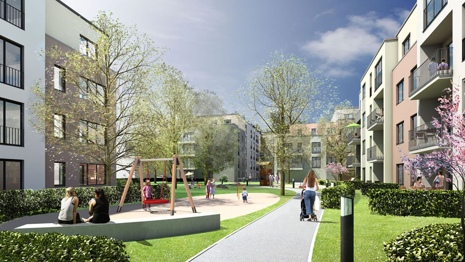 Visualisierung Wohnungsneubau Caspari-Höfe in Braunschweig - Architektur-Illustration für die Baugenossenschaft ›Wiederaufbau‹ eG Braunschweig, Schaub & Partner Architekten Hamburg