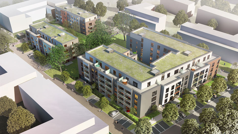 3D Architektur-Visualisierung Wohnungsbau Caspari-Höfe in Braunschweig - Architektur Illustration für den Baugenossenschaft ›Wiederaufbau‹ eG Braunschweig, Schaub & Partner Architekten Hamburg