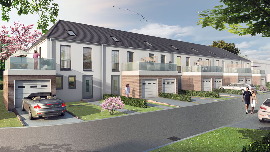 Architektur Visualisierung Reihenhaus Zeile Augsburg für Century21 Immo-Haus München