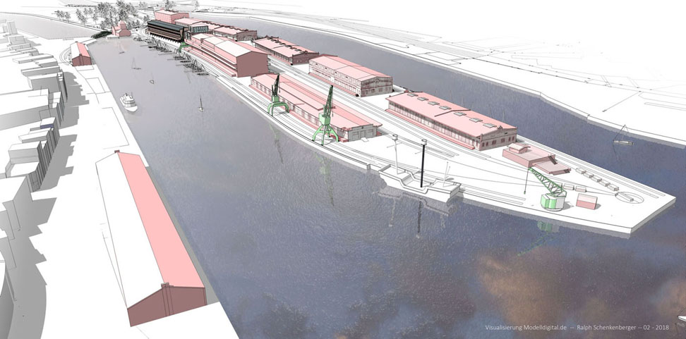 3DVisualisierung Lübeck Nördliche Wallhalbinsel, Projektiniative Hafenschuppen (PIH),  Architektur-Illustration Modelldigital Lübeck