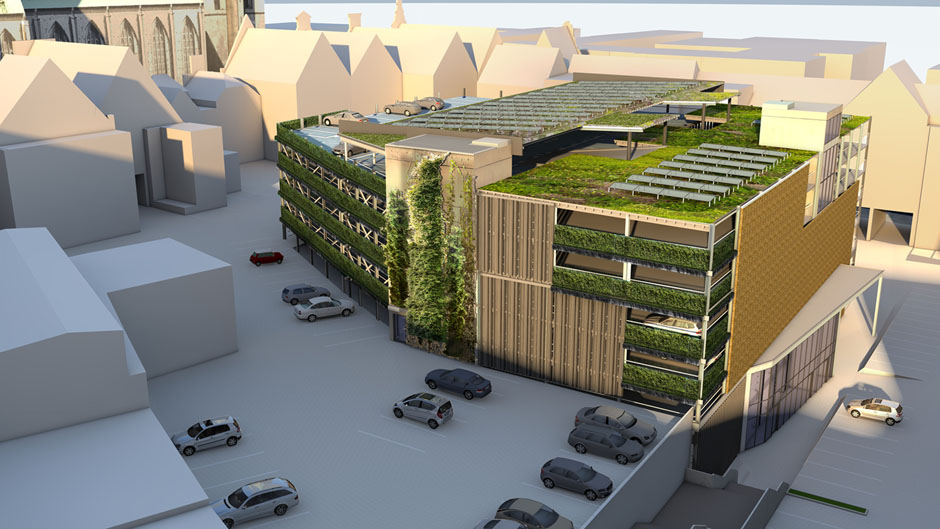 Parkhaus Wehdehof Lübeck Begrünung und Pfotovoltaik