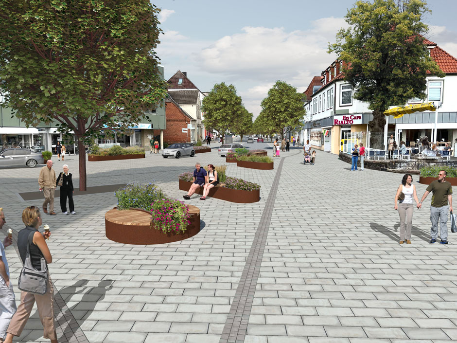 3D-Illustration zum Umbau der Fußgängerzone in Bad Segeberg, Visualisierung Modelldigital Lübeck
