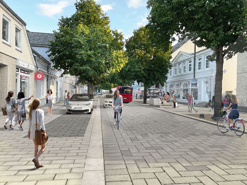 3D-Illustration zum Umbau der Fußgängerzone in Bad Segeberg, Visualisierung Modelldigital Lübeck